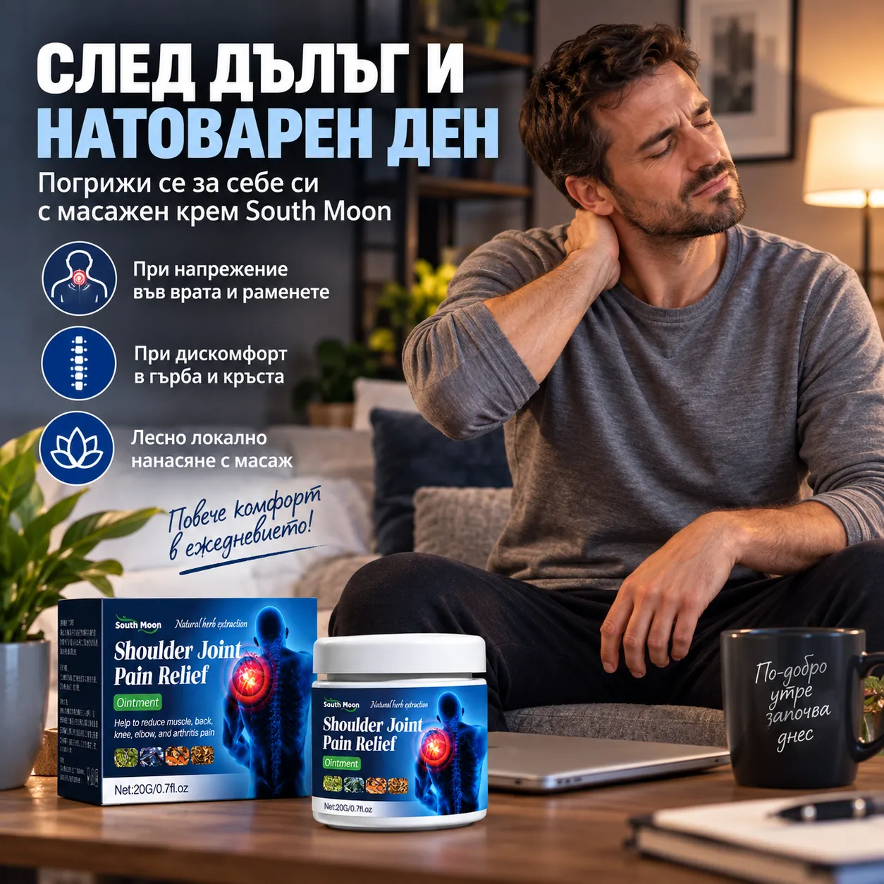 Масажен крем за гръб, кръст и врат, South Moon, локално нанасяне при напрежение и скованост, 20 г, за външна употреба фото 7