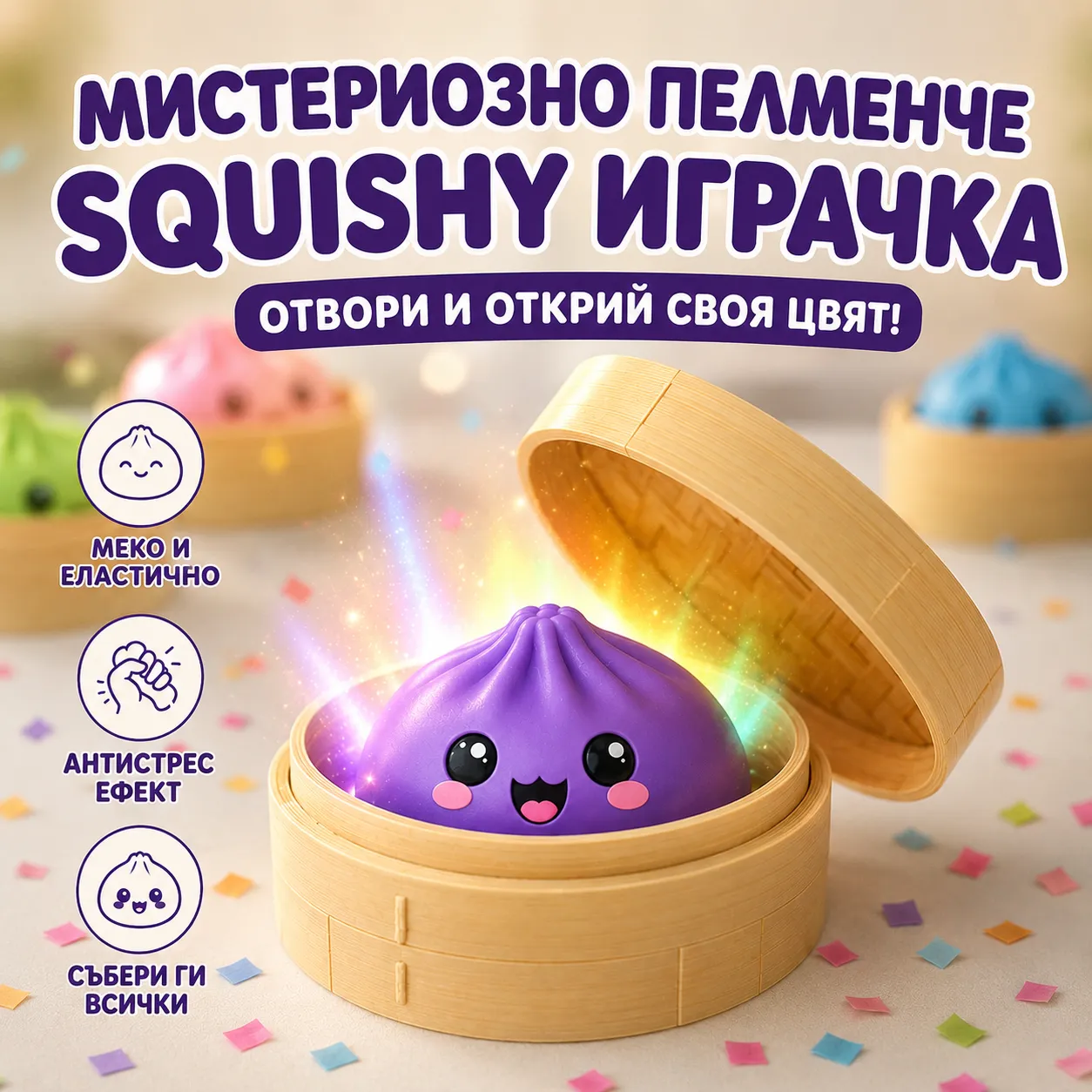 Дъмплинг играчка за стискане, mystery кутия, случаен цвят, мек антистрес формат, сладък дизайн фото 5