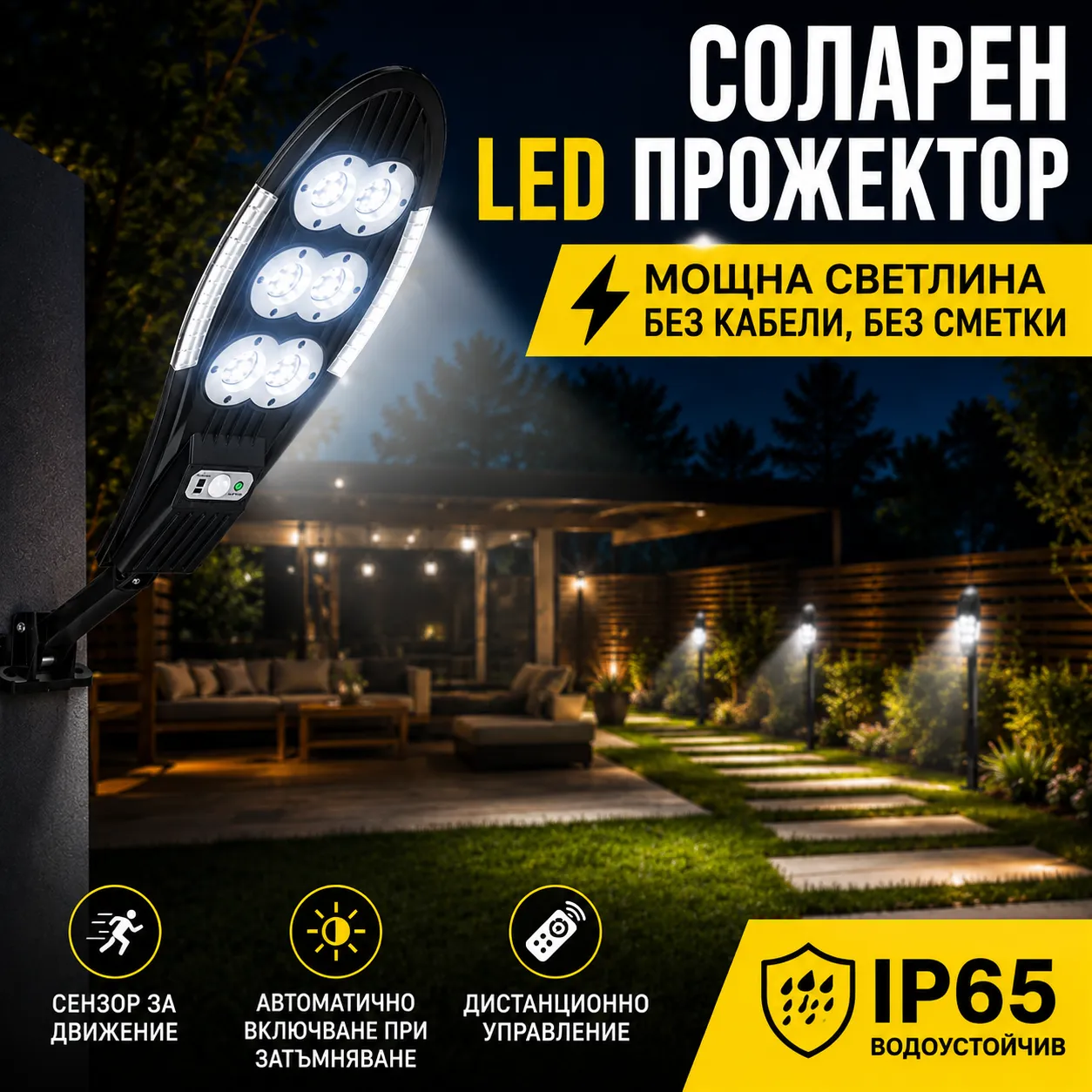 Соларен LED уличен прожектор 6 LED COB със сензор за движение, сензор за светлина и дистанционно управление | IP65 | Без нужда от електричество фото 5
