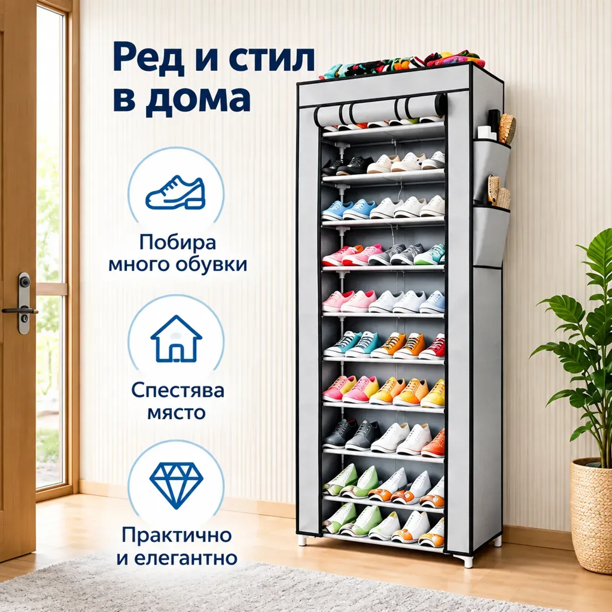 Сгъваем шкаф-органайзер за обувки, 10 рафта, текстилно покритие с цип и странични джобове фото 3