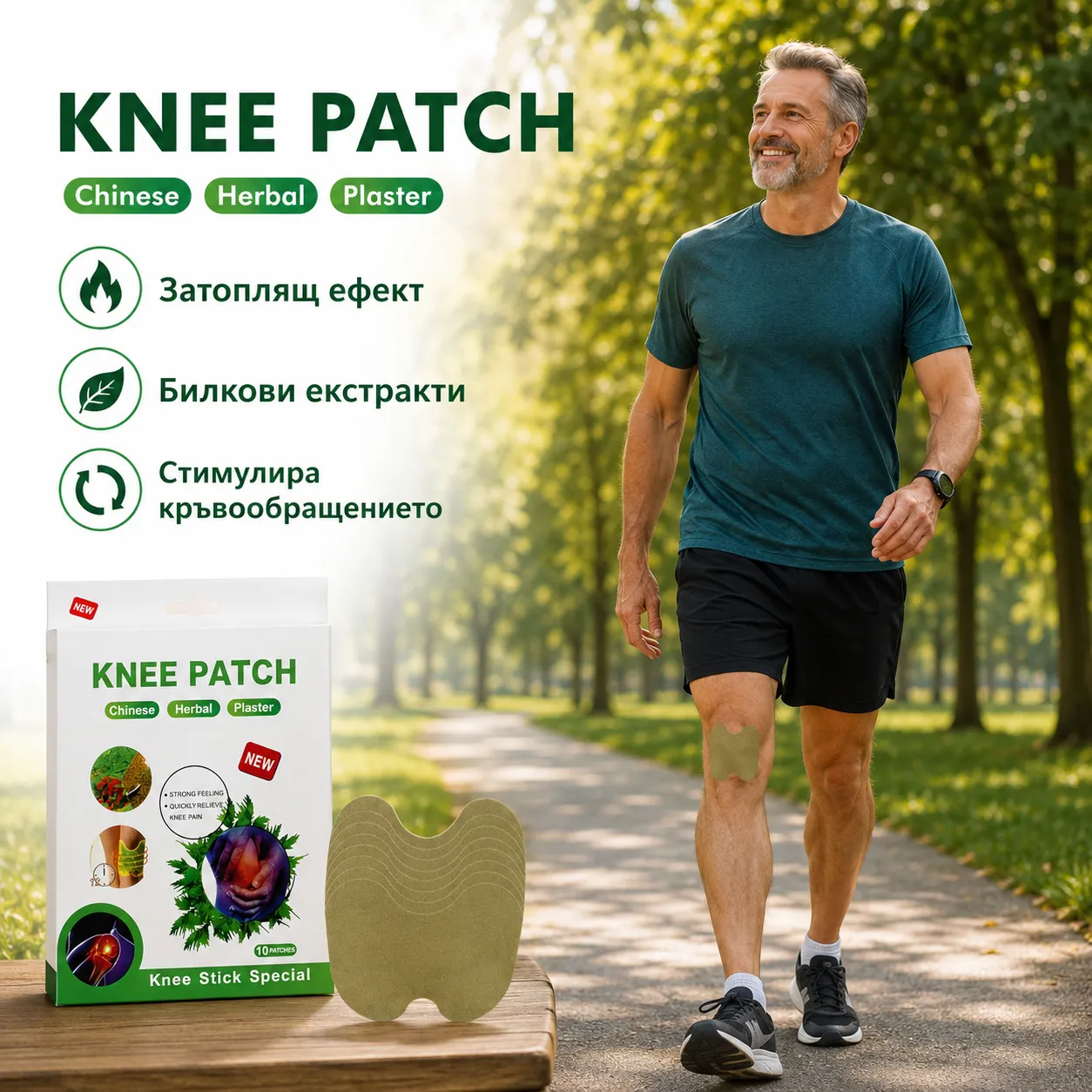Билкови пластири за колене при болка и скованост, 10 броя, KNEE PATCH, с анатомична форма фото 4