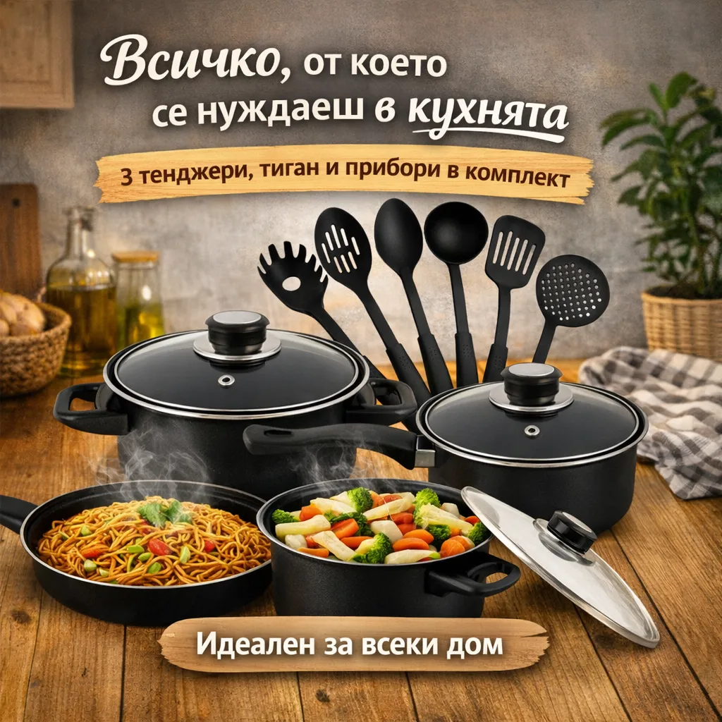 Комплект съдове за готвене 13 части, Cookware Set, с незалепващо покритие, тенджери с капаци, тиган и кухненски прибори