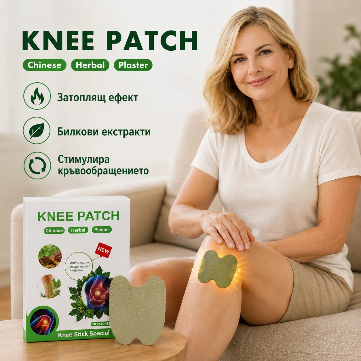 Билкови пластири за колене при болка и скованост, 10 броя, KNEE PATCH, с анатомична форма