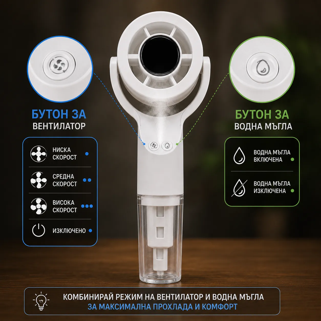 Преносим акумулаторен вентилатор с охлаждаща водна мъгла, USB Type-C и вграден воден резервоар фото 5