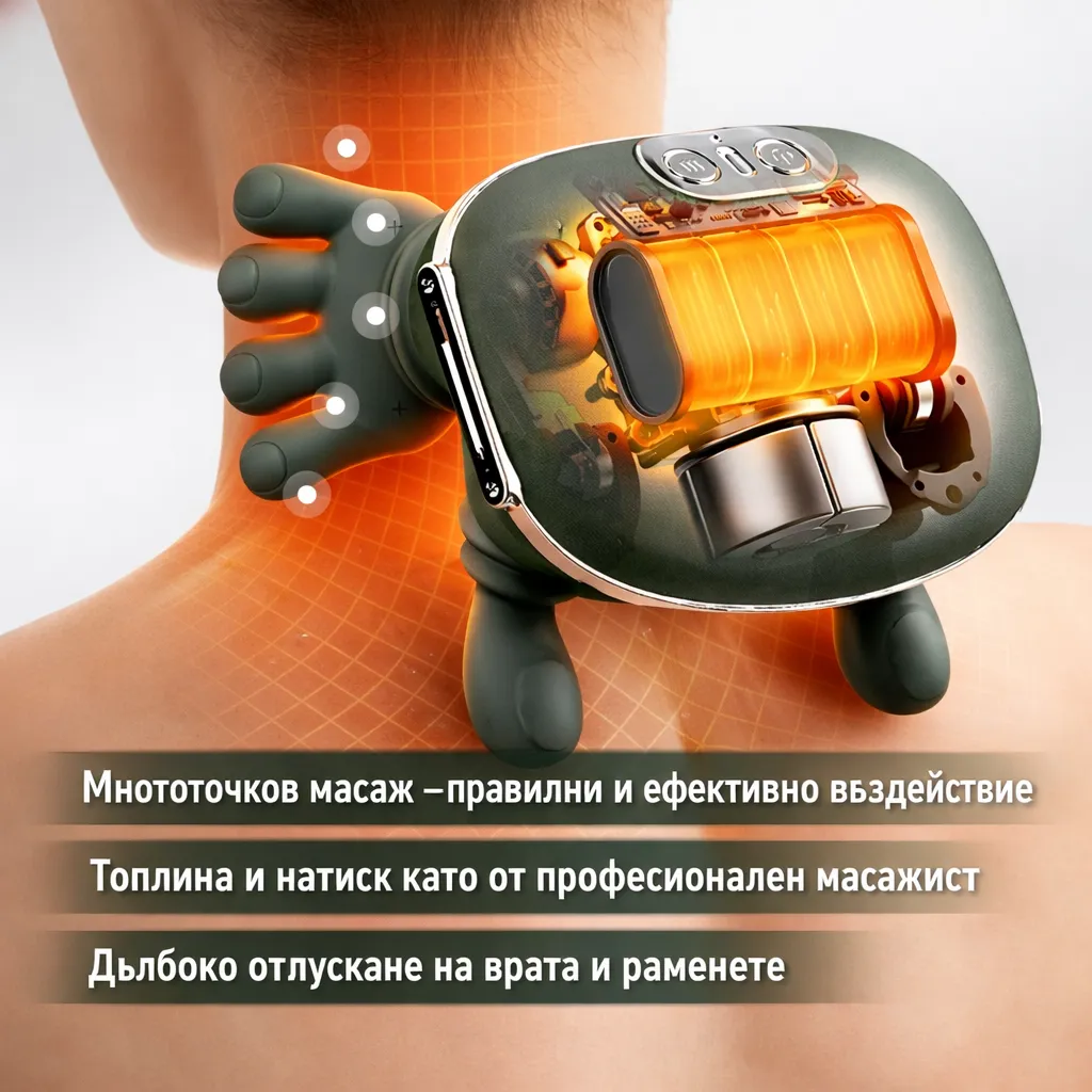 Масажор с нагряване, имитиращ масаж с ръце – безжичен модел с 3 режима за врат, рамене, кръст, крака и ръце, ергономичен мини-робот, зелен фото 2